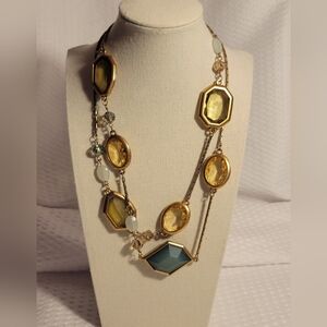 Chico's Gold Tone Necklace with Green and Yellow Plastic Stones